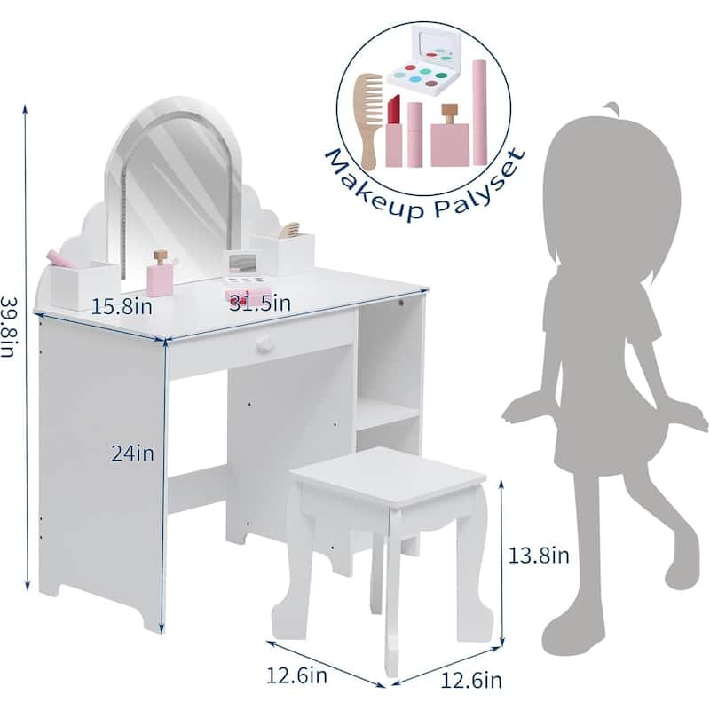 2 in 1 Kids Vanity Table & Stool with Lighted Mirror and Makeup Palyset