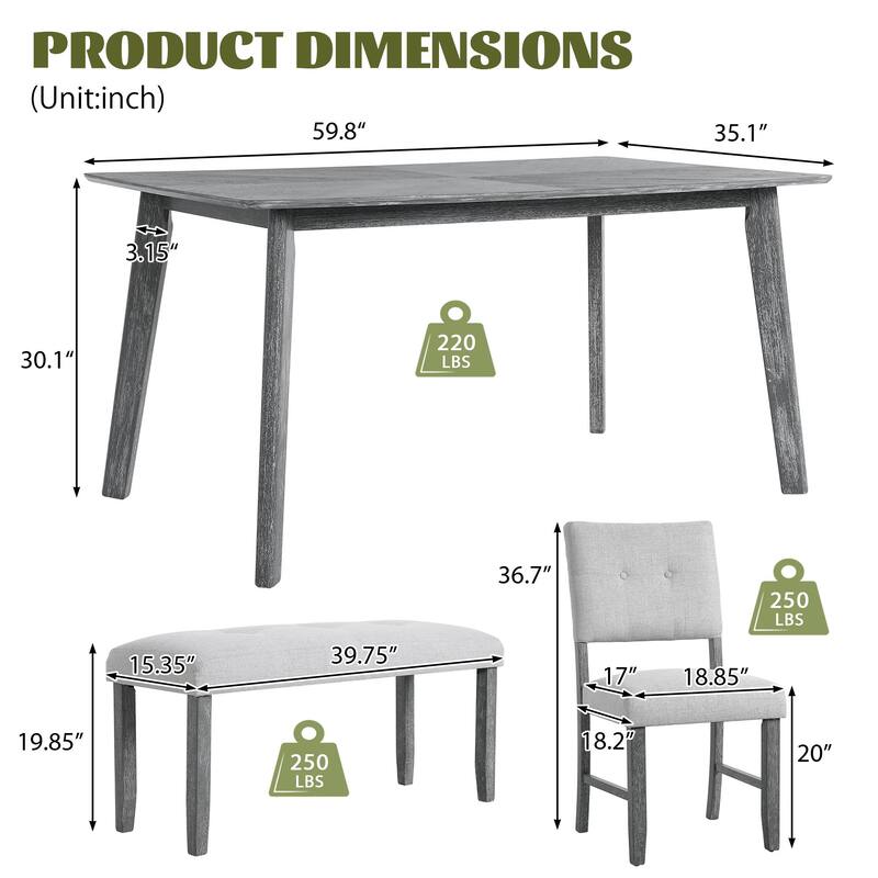 Solid Wood Dining Table Set for 6, Farmhouse Kitchen Table with 4 Upholstered Chairs and Bench, Rustic Finish