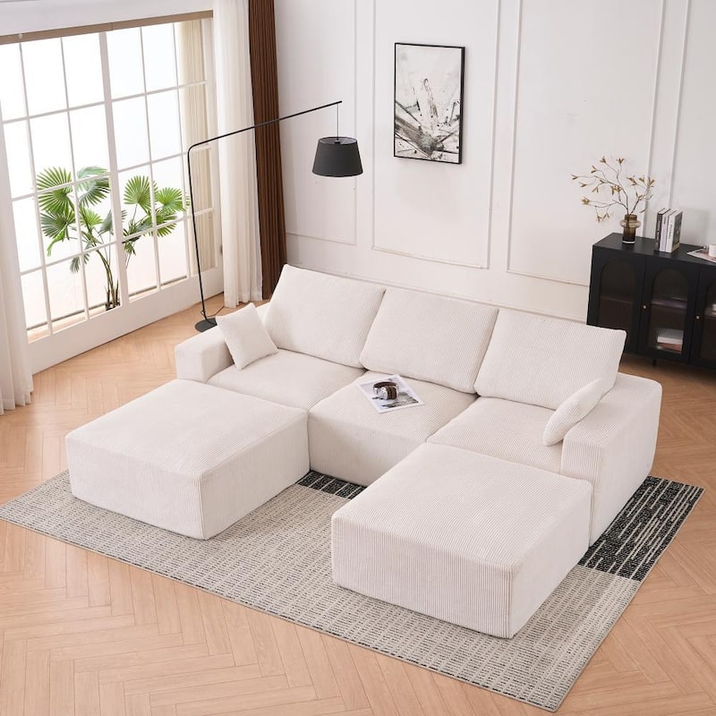 Unique 5 Seat Wood Frame Modular Sectional Sofa with 2 Pillows and 2 Ottomans - Beige