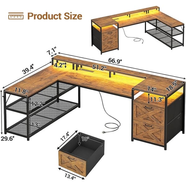 dimension image slide 3 of 4, 67" L Gaming Shaped Desk Storage Shelves Power Outlet 2 Drawers