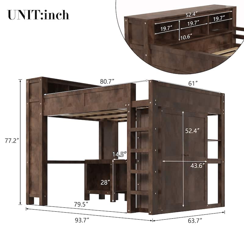 Heavy-Duty Loft Bed Queen Size Loft Frame with Wardrobe Desk USB