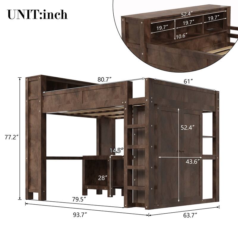 Roomfitters Queen Loft Bed with Wardrobe, Desk, Storage Headboard and USB