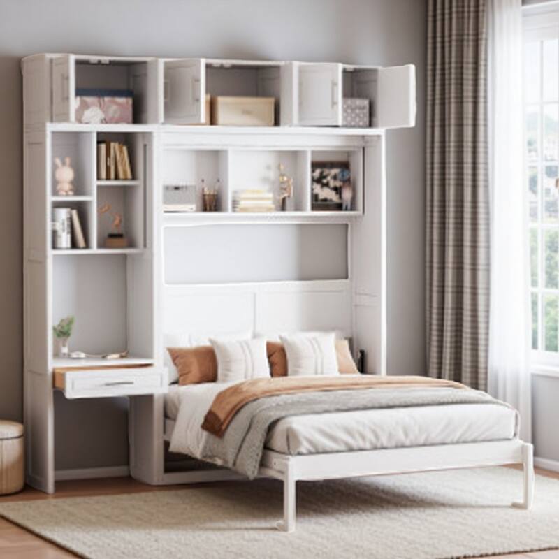 Queen Size Solid Wood Murphy Bed with Built-In Desk, Cabinets & Shelves, Foldable Wall Bed, Multifunctional Storage - Full White - Full