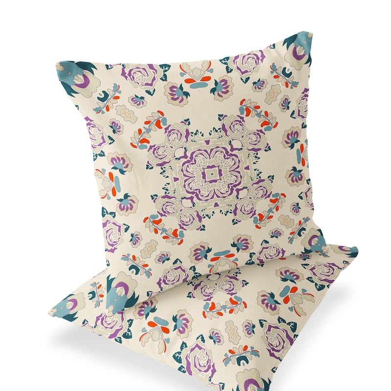 HomeRoots Set of Two 16" X 16" Blue and Off White Blown Seam Floral Indoor Outdoor Throw Pillow - 16.00' X '16.00' X '5.00