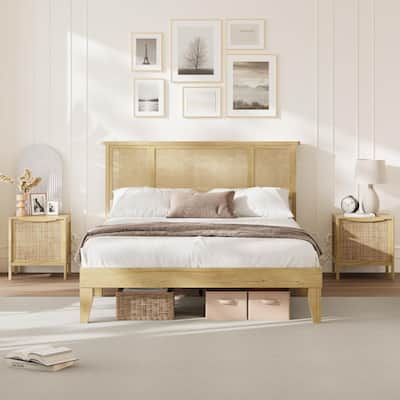 Bed Frame with Natural Rattan Headboard, Strong Wooden Slats