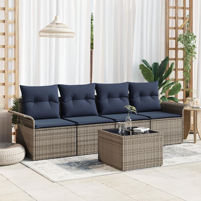 vidaXL 5-Seater Garden Sofa with Cushions Black/Brown/Grey Poly Rattan - 24.4 x 98.8 x 27.2 - Gray