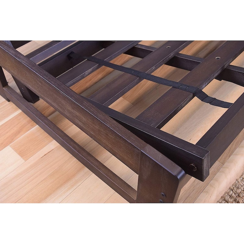 Full Size Futon Sofa Bed with Hardwood Frame in Mocha Finish and Plush Java Mattress for Living Room or Guest Room