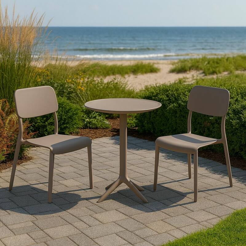 Rimo 3-Piece Contract Grade Outdoor Bistro Set with 2 stackable lounge chairs and 22.5" Dining Table. - Taupe