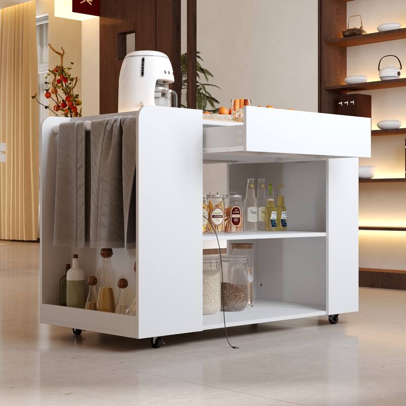 LED Kitchen Island with Tempered Glass Top, Rolling Storage Cabinet with 3-Color Lighting