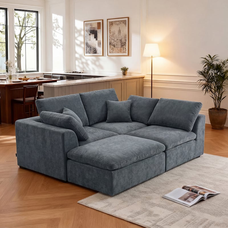 L-Shaped Chenille Sectional Sofa with Chaise Lounge, Living Room Modular Leisure Couch Chenille Sleeper Sofa