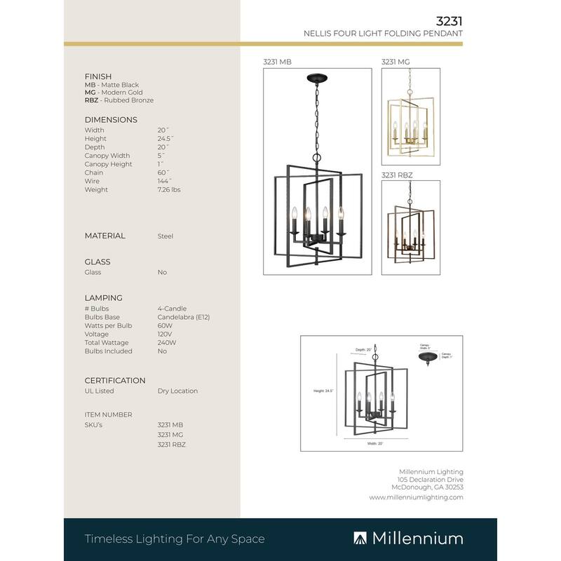 Millennium Lighting Nellis 4 Light Pendant Fixture