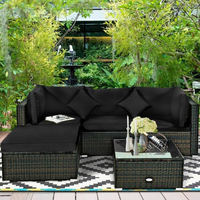 5 Pcs Outdoor Patio Rattan Furniture Set Sectional Conversation with Cushions - 29.5'' x 29.5'' x 25.5'' (L x W xH)