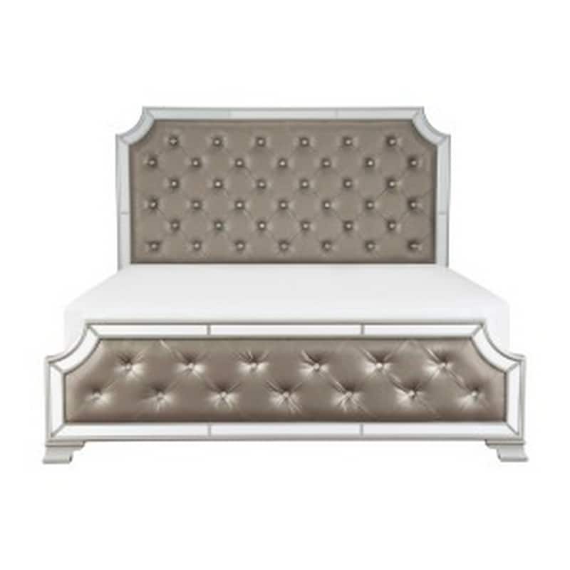 Badra Queen Bed with Crystal Button Tufting, Mirror Trim, Gray Faux Leather