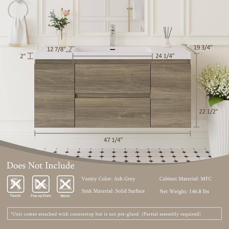 ABRUZZO 48" Floating Bathroom Vanity with Integrated Resin Top Basin 2 Cabinets 2 Soft Close Drawers Full Assembly
