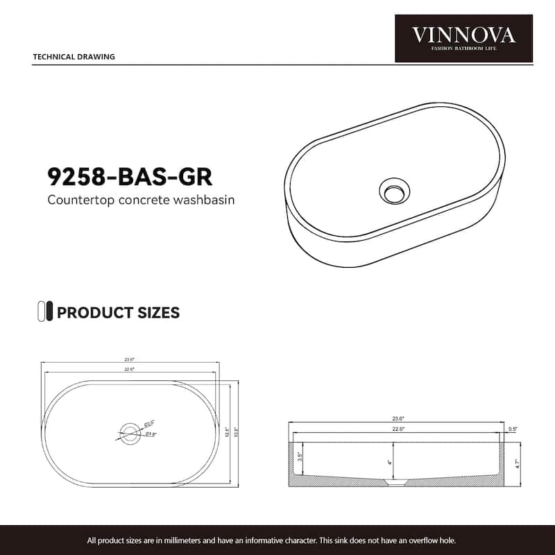 Vinnova Eibar Grey Concrete Oval Vessel Bathroom Sink - 23.6"L×13.8"W×4.7"H