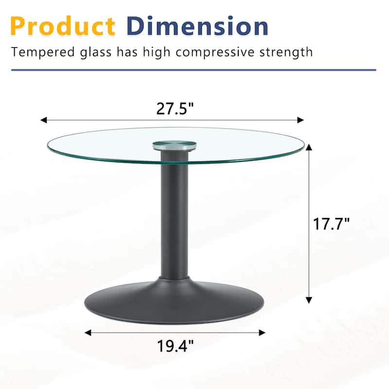 Roomfitters 27.5-Inch Round Tempered Glass Coffee Table, Metal Base, Circular Center Table, Modern Minimalist