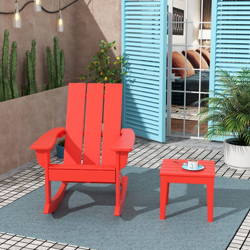 Shoreside Modern Eco-Friendly All Weather Poly Adirondack Rocking Chair with Side Table (2-Piece Set) - Red