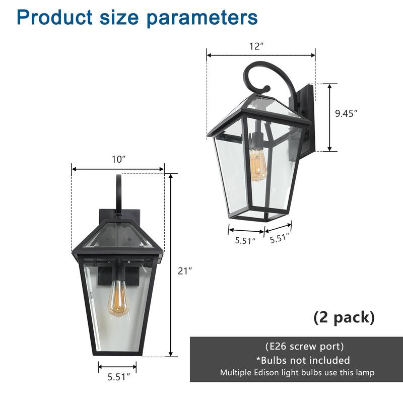 21"(H) 2-Pack Outdoor Wall Lantern Light - Modern Black Metal & Clear Glass Sconce for Porch, Patio(Bulb Not Included)