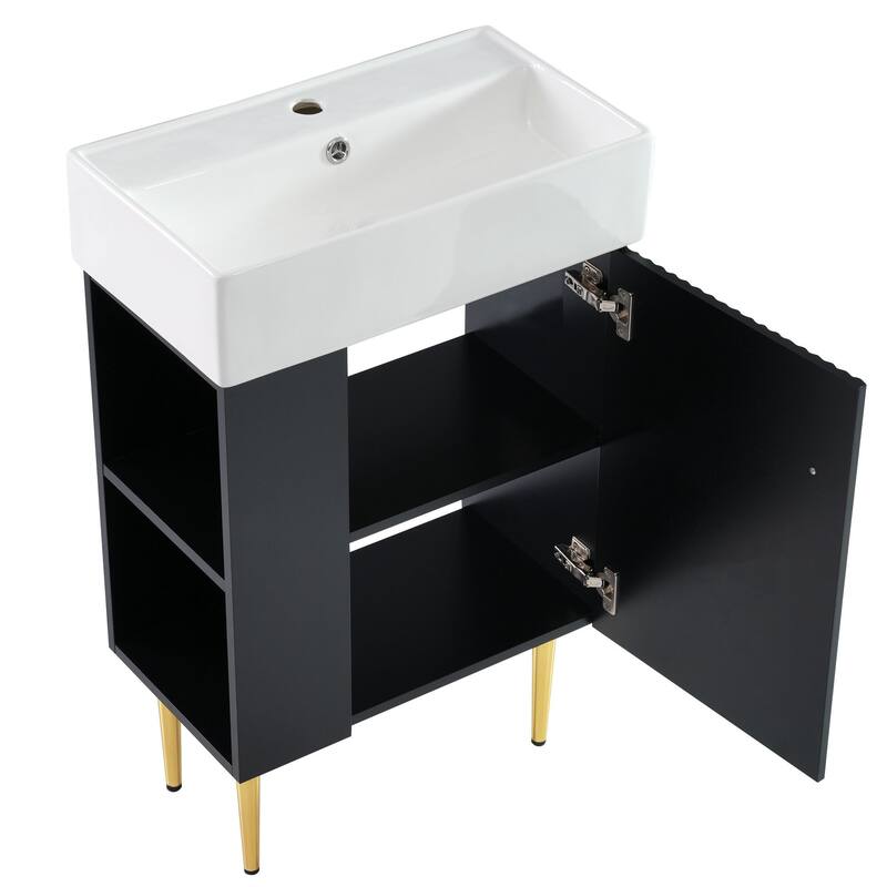 Compact 21.6" Free-Standing Bathroom Vanity with Single Sink, Open Storage & Gold Accents