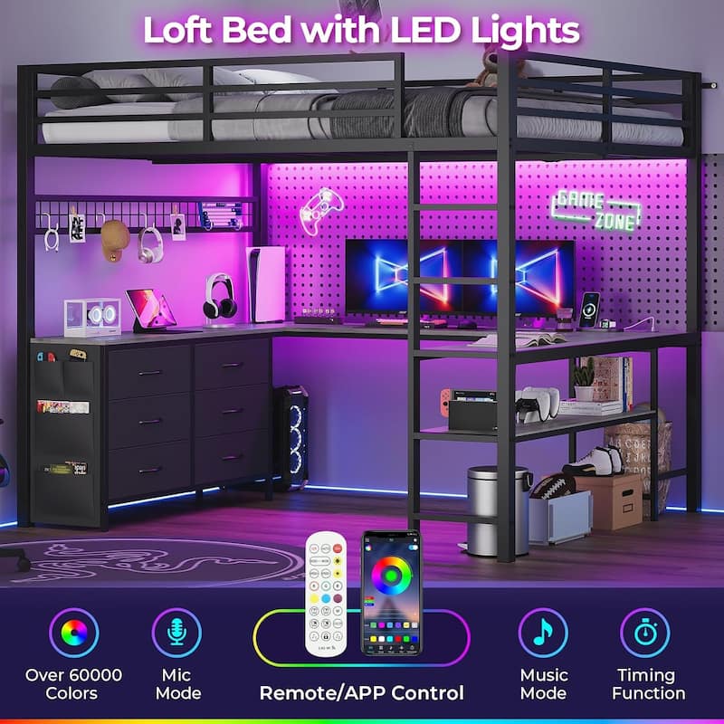 Loft Bed with Full Size U-Shaped Desk 6 Drawers Power Outlet 2 Storage Shelves