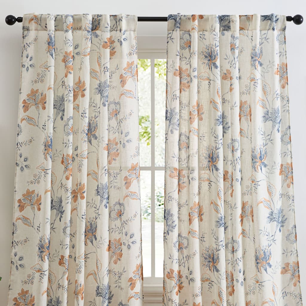 HLC.ME Spring Bloom Linen Floral Print Patterned - Back Tab Pocket Window Flower Curtains Panels for Living Room, 2 Panels