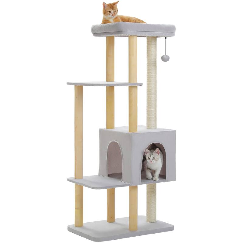 53" Modern Wooden Cat Tower for Indoor Large Cats, Multi-Level Cat Condos with Long Scratching Posts and Scraping Columns