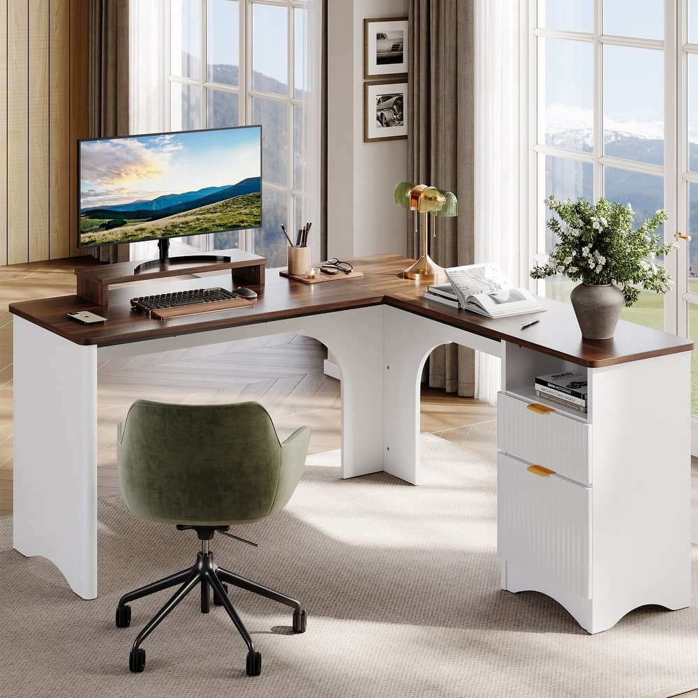Bestier 56"W Modern L-Shaped Corner Computer Desk With Filing Drawer