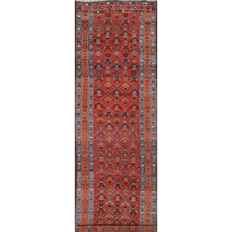 Hand Knotted Oriental 100% Wool Carpet Traditional All-Over Red Heriz Runner Rug - 13' 10'' X 3' 4''