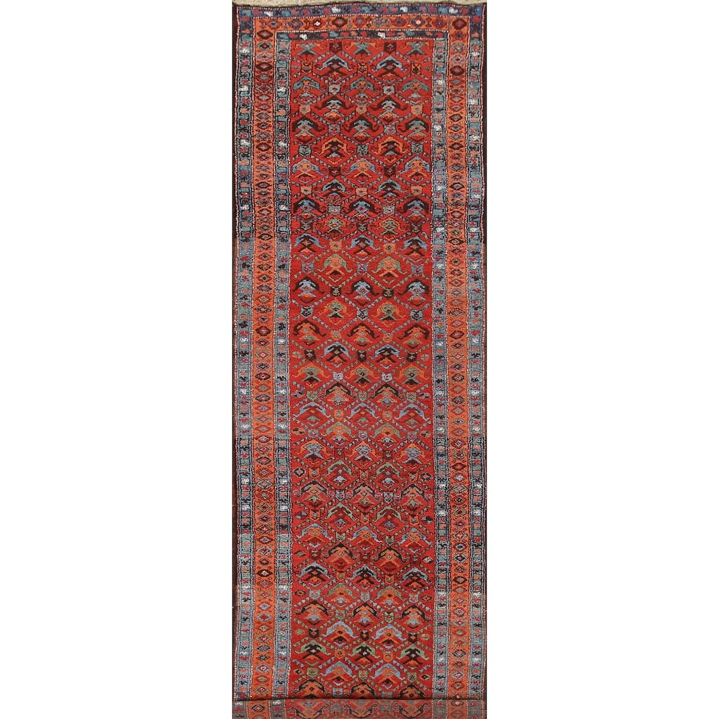 Hand Knotted Oriental 100% Wool Carpet Traditional All-Over Red Heriz Runner Rug - 13' 10'' X 3' 4''