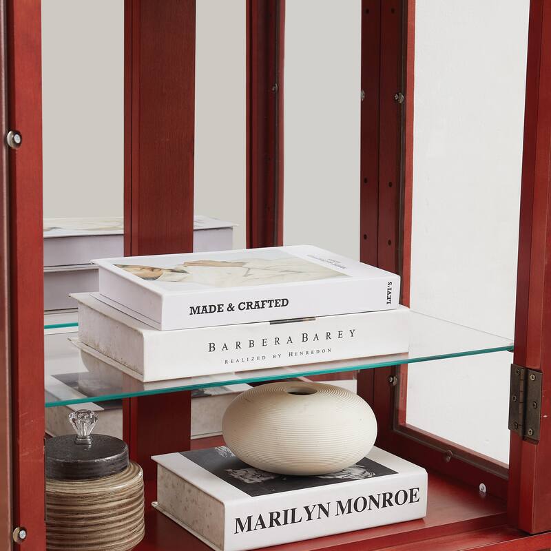 Lighted Glass Display Cabinet with Adjustable Shelves, Wood Frame and Six-Tier Design, Bulb Included