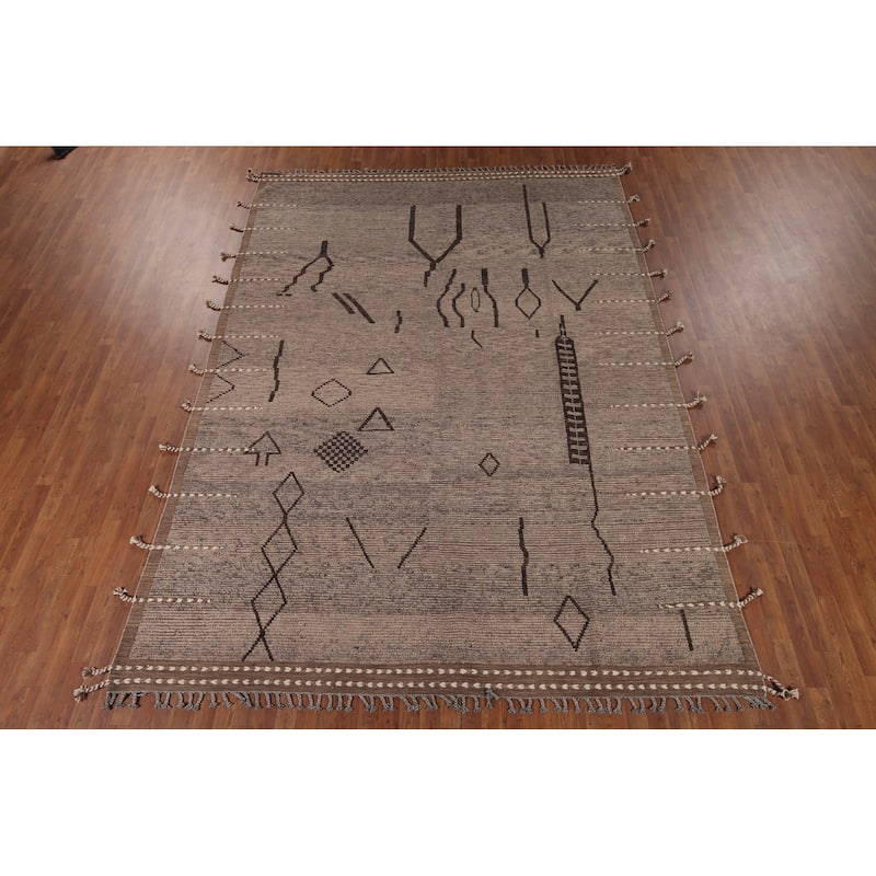 All-Over Brown Striped Moroccan Oriental Area Rug Handmade Wool Carpet - 8'11" x 12'8"