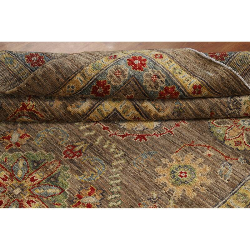 Hand Knotted Oriental 100% Wool Carpet Transitional All-Over Brown Oushak Area Rug - 9' 1'' X 6' 6''