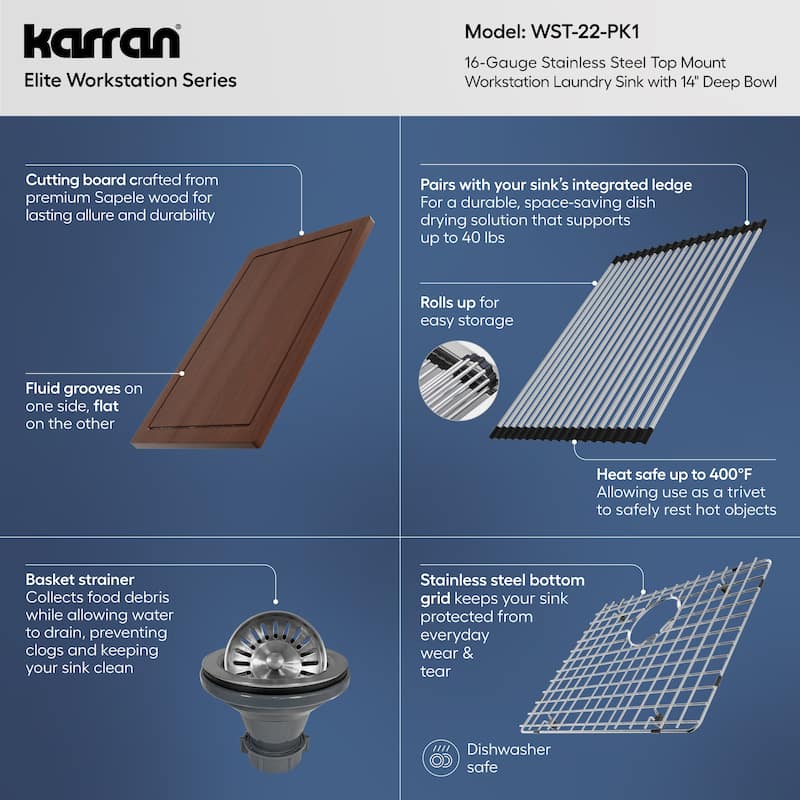 Karran Elite WST-22-PK1 Top Mount 25" Single Bowl Stainless Steel Workstation Kitchen Sink with Deeper Bowl