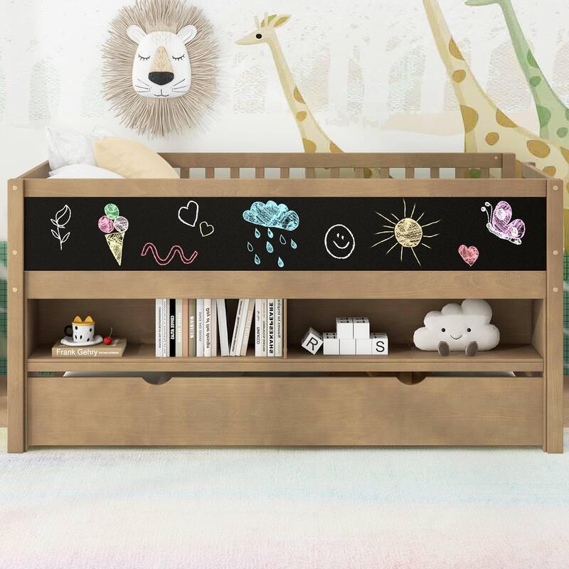 Twin Size Low Loft Bed with Trundle, Solid Wood Bed Frame with Storage Shelves & Blackboard, Space-Saving Design for Small Rooms