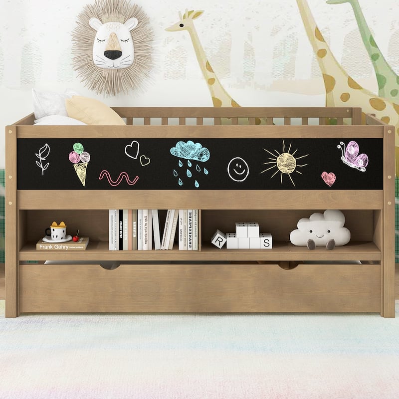 Twin Size Wood Low Loft Bed with Storage Shelves, Blackboard and Trundle, White