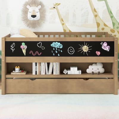 Twin Size Wood Low Loft Bed with Trundle, Storage Shelves & Blackboard