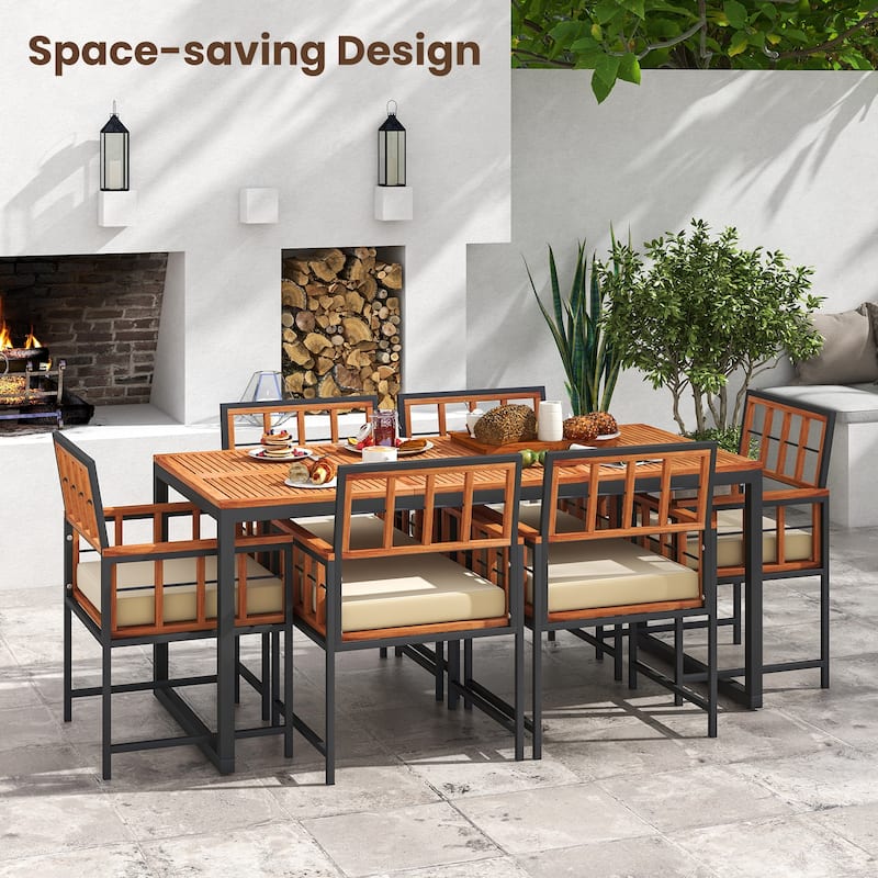 Gymax Acacia Wood Patio Chairs Set of 6 w/Cushions & Metal Frame 400