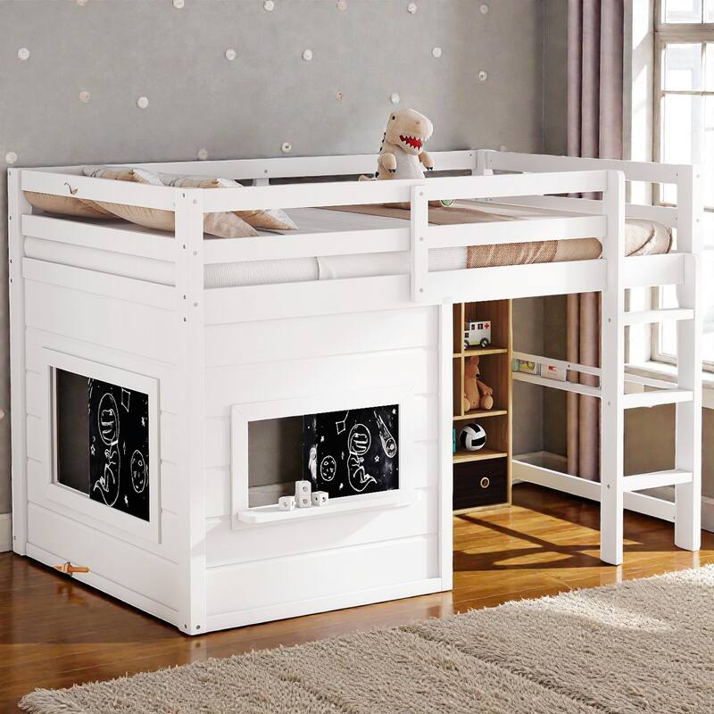Twin/Full Loft Bed with Sliding Chalkboard, Built-in Bookshelf, Solid Wood Frame & Safety Guardrails, Kids Playhouse Bed