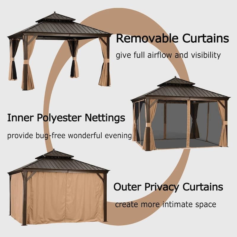 PURPLE LEAF Outdoor Galvanized Steel Roof Aluminum Frame Hardtop Gazebo with Netting,Curtains included