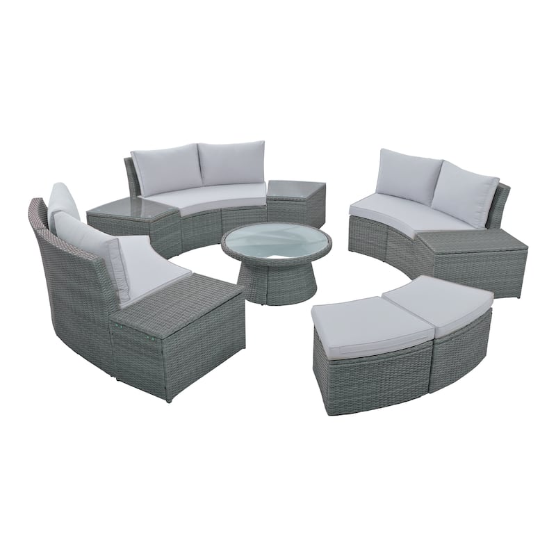 Half Round Rattan Sofa Set, 10Piece Outdoor Sectional with Storage