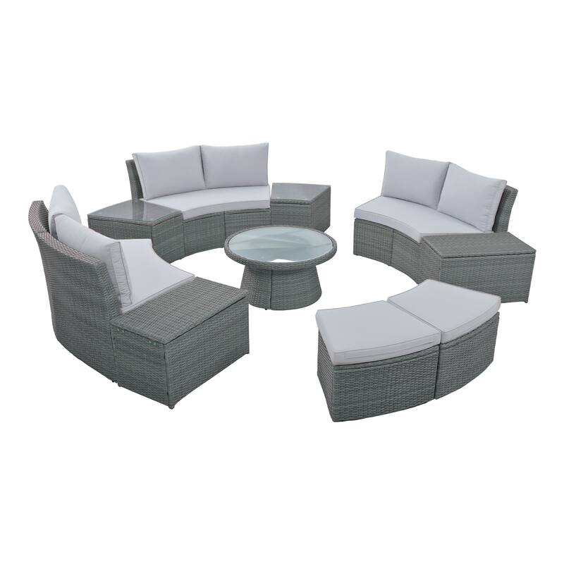Roomfitters 10-Piece Outdoor Half Round Patio Rattan Sofa Set, PE Wicker Furniture Set for Free Combination