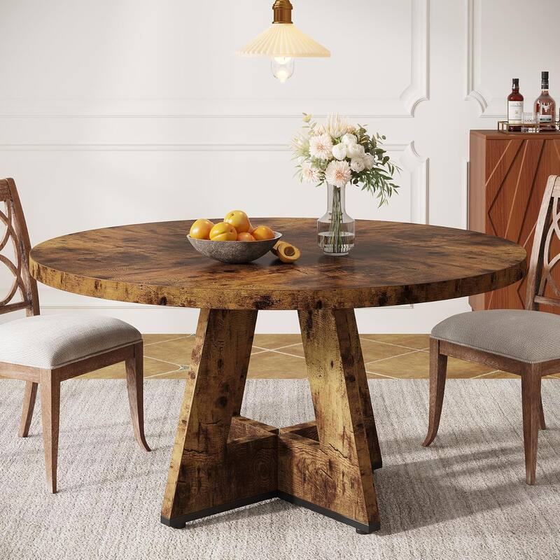 47" Round Dining Table for 4-6 People Rustic Wood Table with Pedestal Base for Kitchen Dining Room Living Room