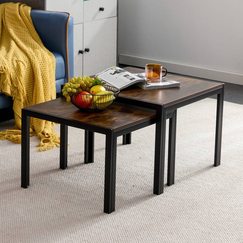 2 Piece Nesting Coffee Table Square Center Table Modern Stacking Table with Metal Frame End Table for Living Room,Bedroom