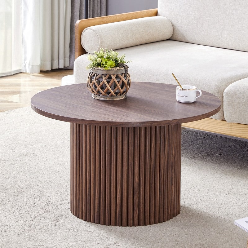 27.5 Inch Modern Circular Coffee Table with Walnut Finish & Hidden Storage