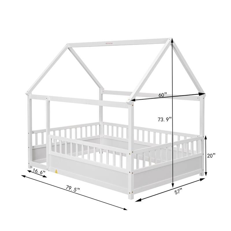 Full Size Floor Wooden Bed with House Roof Frame, Fence and Guardrails
