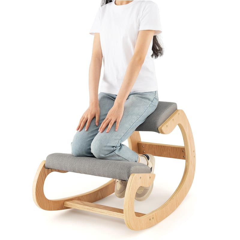 Wooden Rocking Chair with Comfortable Padded Seat Cushion and Knee Support - 21.5" x 34" x 22"