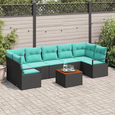 vidaXL 8 Piece Garden Sofa Set with Cushions Black Poly Rattan Acacia - 113.8×48×27.2