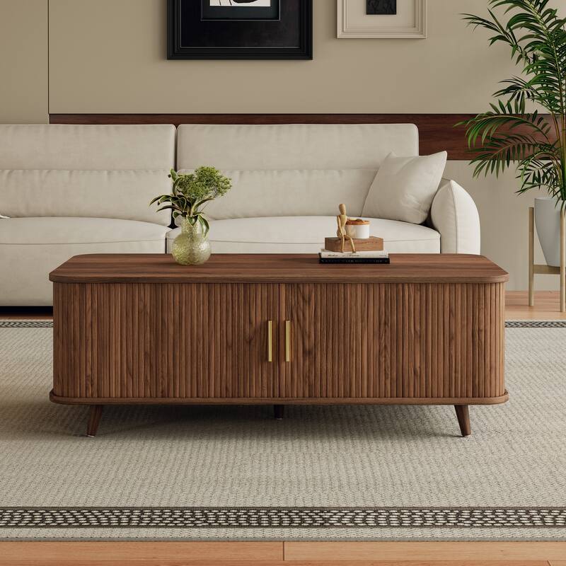 Aron Mid-Century Modern Coffee Table with Semi-Open Tambour Doors and 4 Hidden Storage Compartments, 47.24"