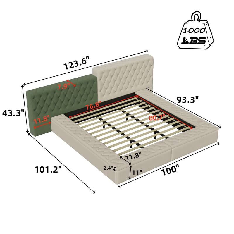 Beige King Size Special-shaped Fully Upholstered Platform Bed with Deep Button Tufting and Storage