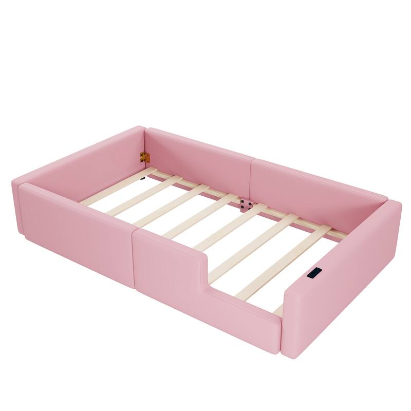 Pink Twin Upholstered Platform Bed with Guardrail and Charging Station